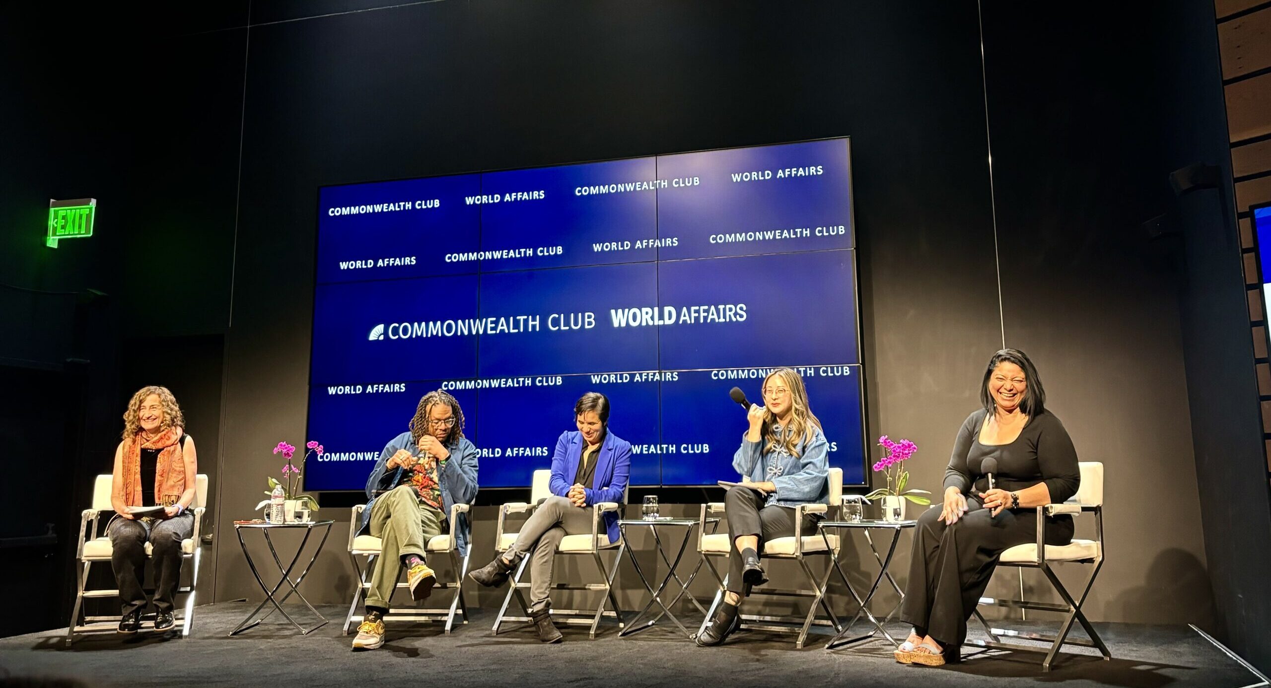 (L-R) Michelle Levander, Otis R. Taylor, Jr., Sammy Caiola, Angela Kim and Yenni Rivera discuss journalists expanding domestic violence narratives at a Friday, October 25 panel at San Francisco's Commonwealth Club.